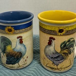 2 “Daybreak” Rooster Chicken Sunflower Yellow Green Coffee Mugs Gibson 12oz Cup
